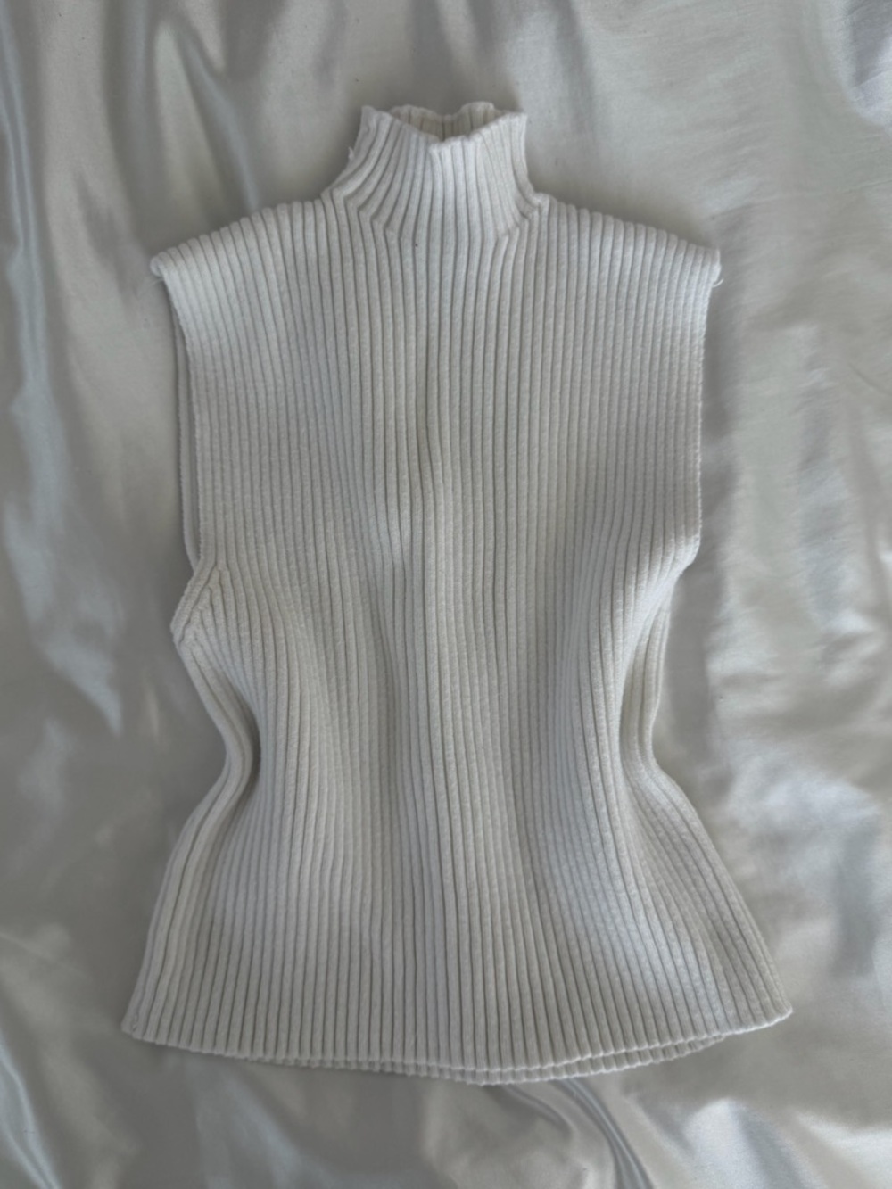 Zara Cream Ribbed Sleeveless Turtleneck Top